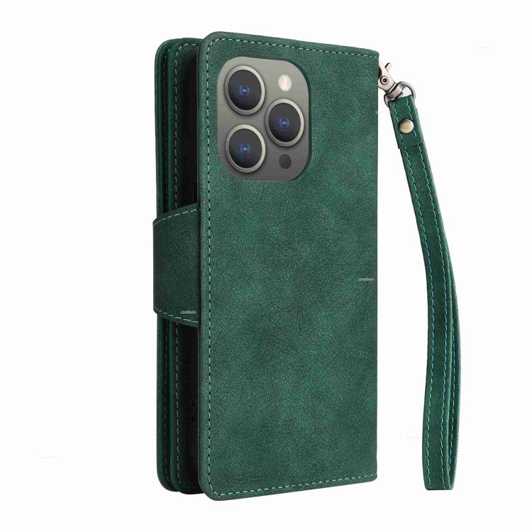 For iPhone 15 Pro Max Rivet Buckle 9 Cards Three Fold Leather Phone Case(Green) - HoMEdemic™ 