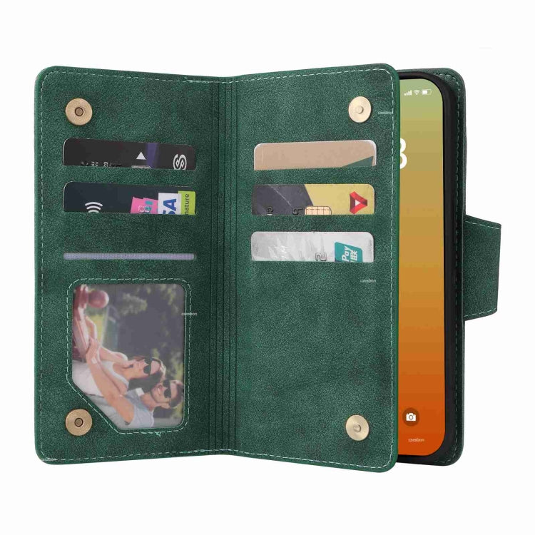 For iPhone 15 Pro Max Rivet Buckle 9 Cards Three Fold Leather Phone Case(Green) - HoMEdemic™ 