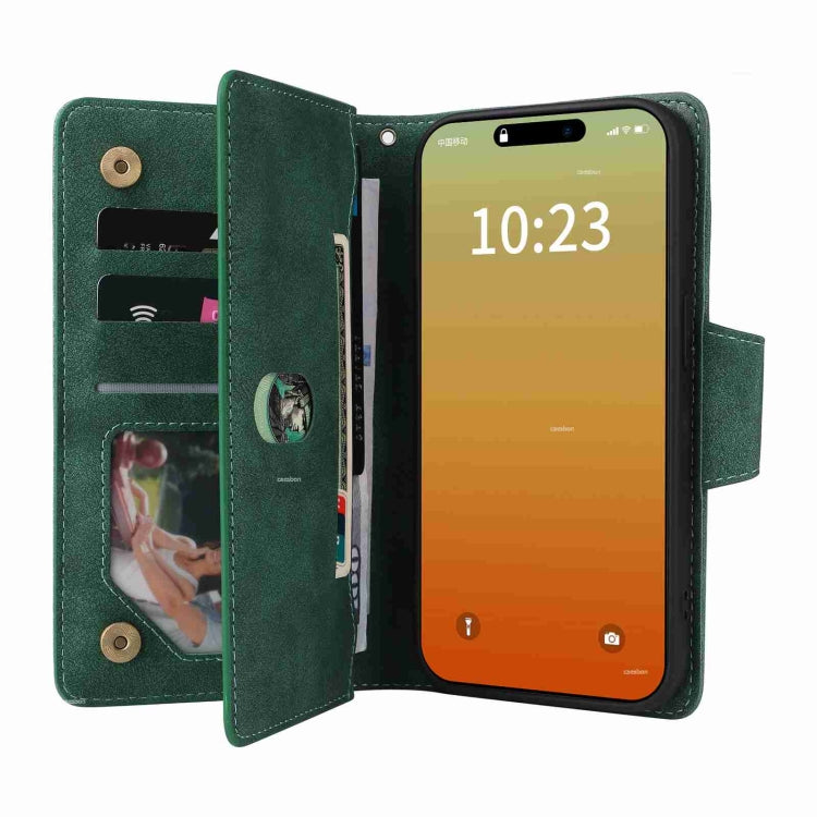 For iPhone 15 Pro Max Rivet Buckle 9 Cards Three Fold Leather Phone Case(Green) - HoMEdemic™ 
