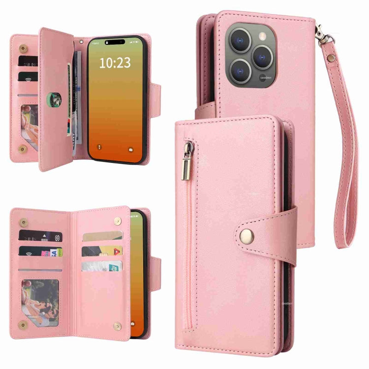 For iPhone 15 Pro Rivet Buckle 9 Cards Three Fold Leather Phone Case(Rose Gold) - HoMEdemic™ 