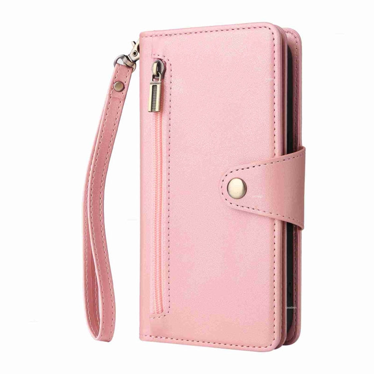 For iPhone 15 Pro Rivet Buckle 9 Cards Three Fold Leather Phone Case(Rose Gold) - HoMEdemic™ 
