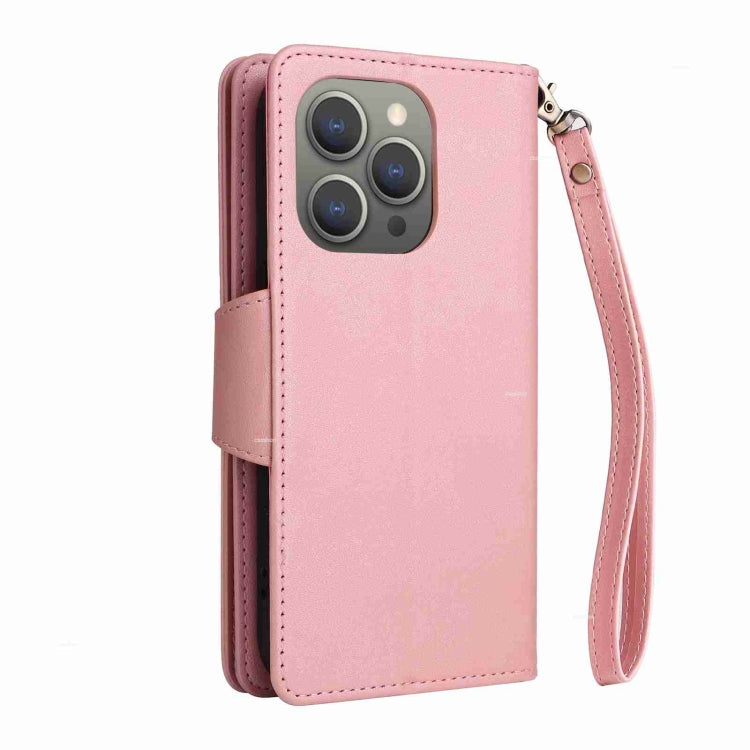 For iPhone 15 Pro Rivet Buckle 9 Cards Three Fold Leather Phone Case(Rose Gold) - HoMEdemic™ 