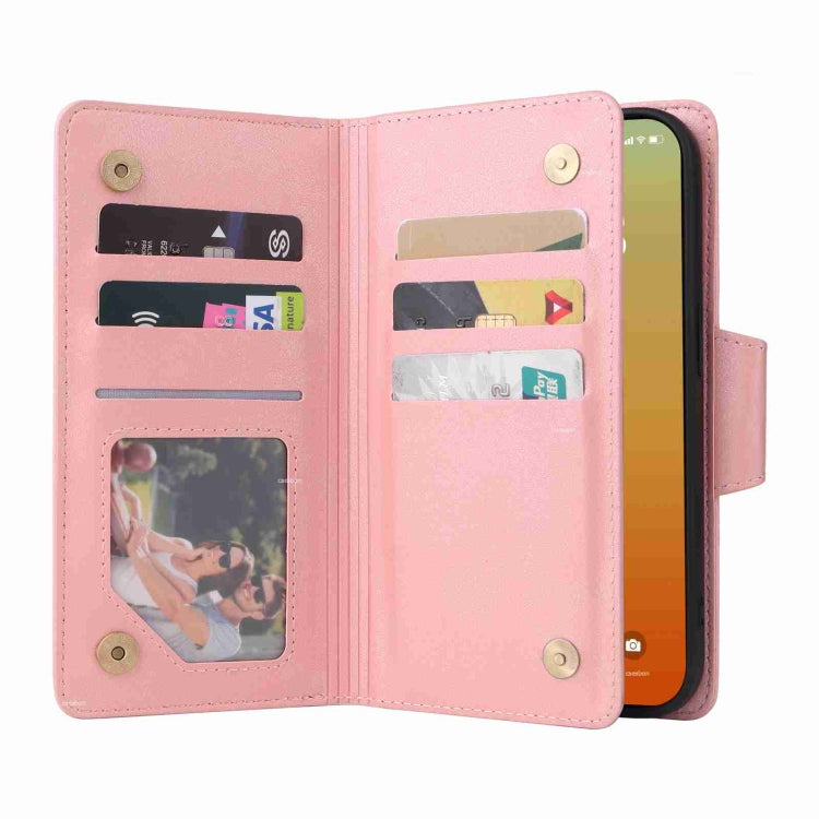 For iPhone 15 Pro Rivet Buckle 9 Cards Three Fold Leather Phone Case(Rose Gold) - HoMEdemic™ 