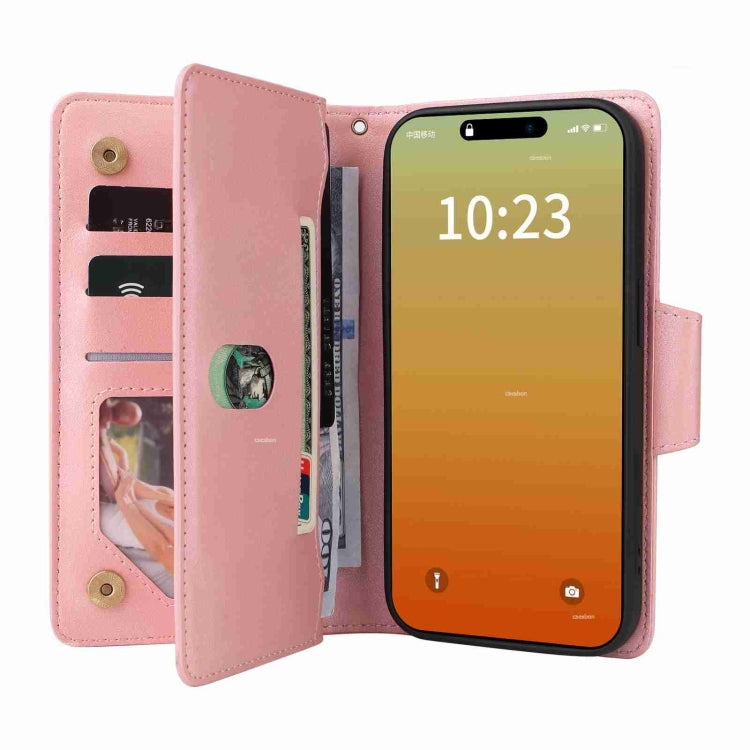 For iPhone 15 Pro Rivet Buckle 9 Cards Three Fold Leather Phone Case(Rose Gold) - HoMEdemic™ 