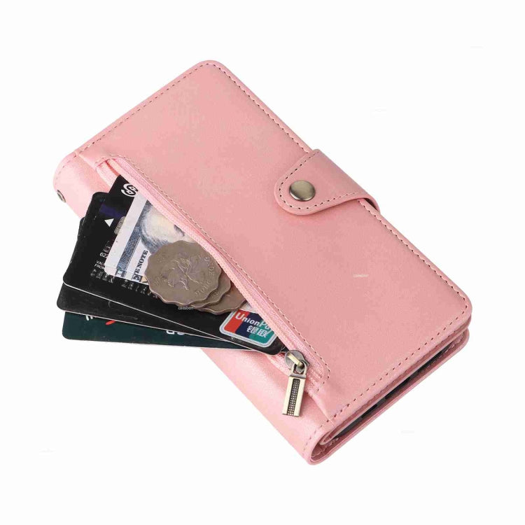 For iPhone 15 Pro Rivet Buckle 9 Cards Three Fold Leather Phone Case(Rose Gold) - HoMEdemic™ 