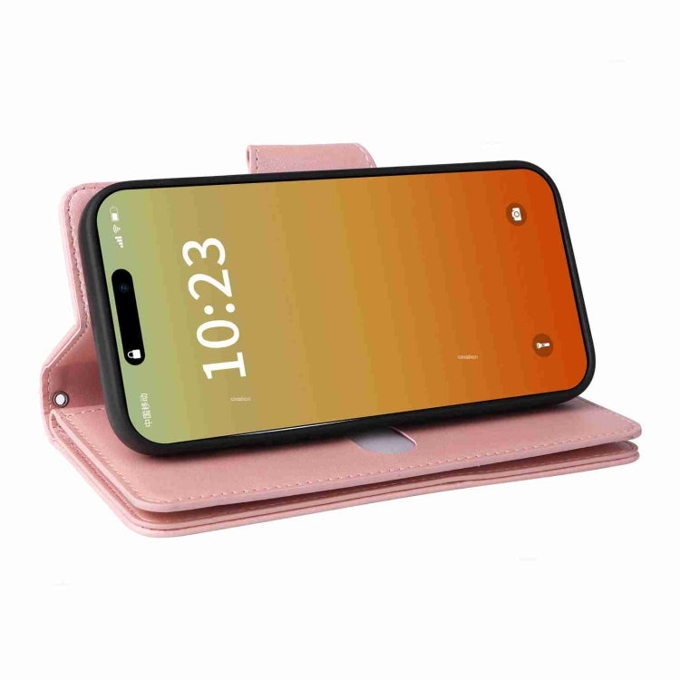 For iPhone 15 Pro Rivet Buckle 9 Cards Three Fold Leather Phone Case(Rose Gold) - HoMEdemic™ 