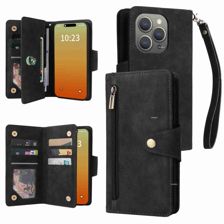 For iPhone 15 Pro Rivet Buckle 9 Cards Three Fold Leather Phone Case(Black) - HoMEdemic™ 