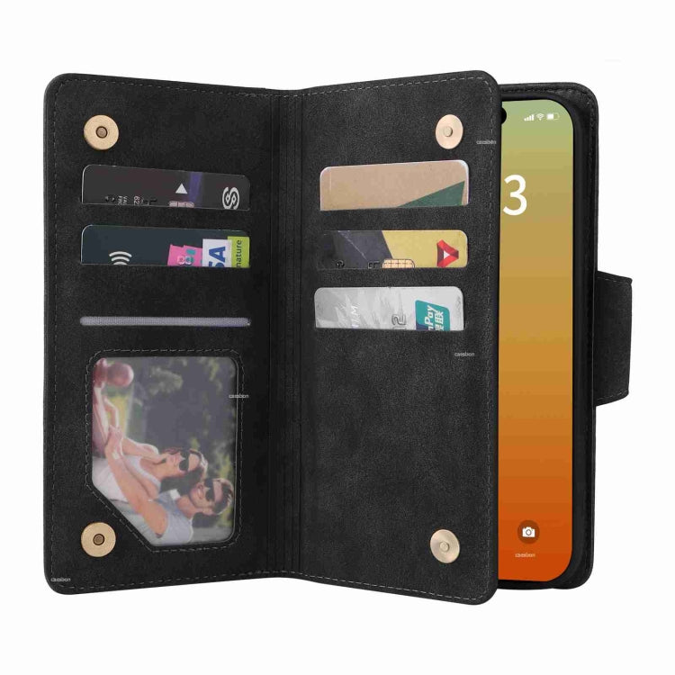 For iPhone 15 Pro Rivet Buckle 9 Cards Three Fold Leather Phone Case(Black) - HoMEdemic™ 