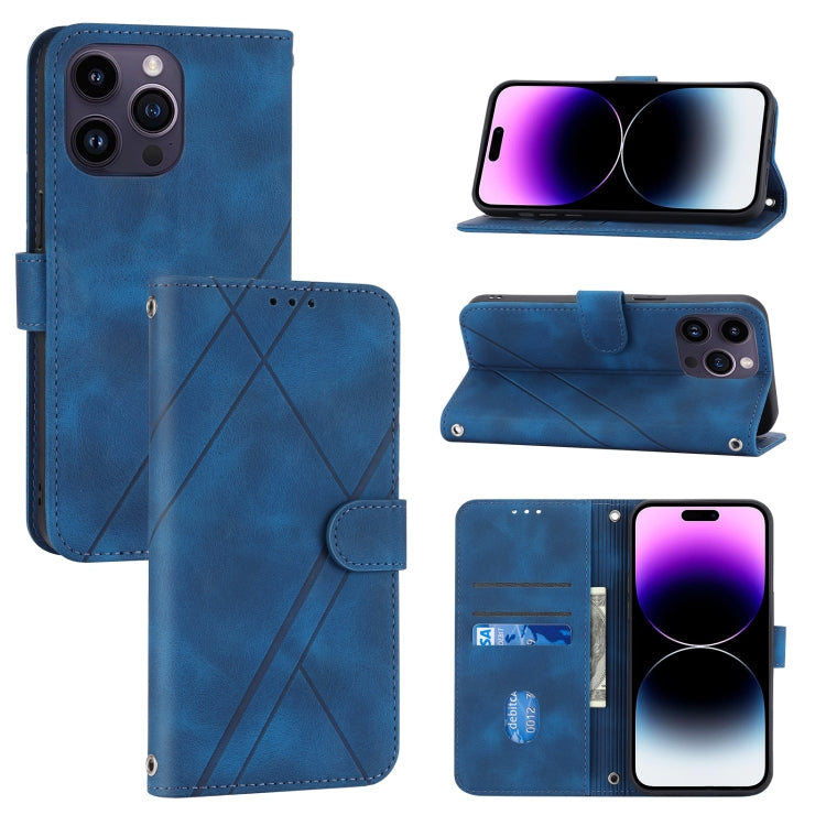 For iPhone 15 Pro Max Embossed Line Leather Phone Case with Lanyard(Blue) - HoMEdemic™ 
