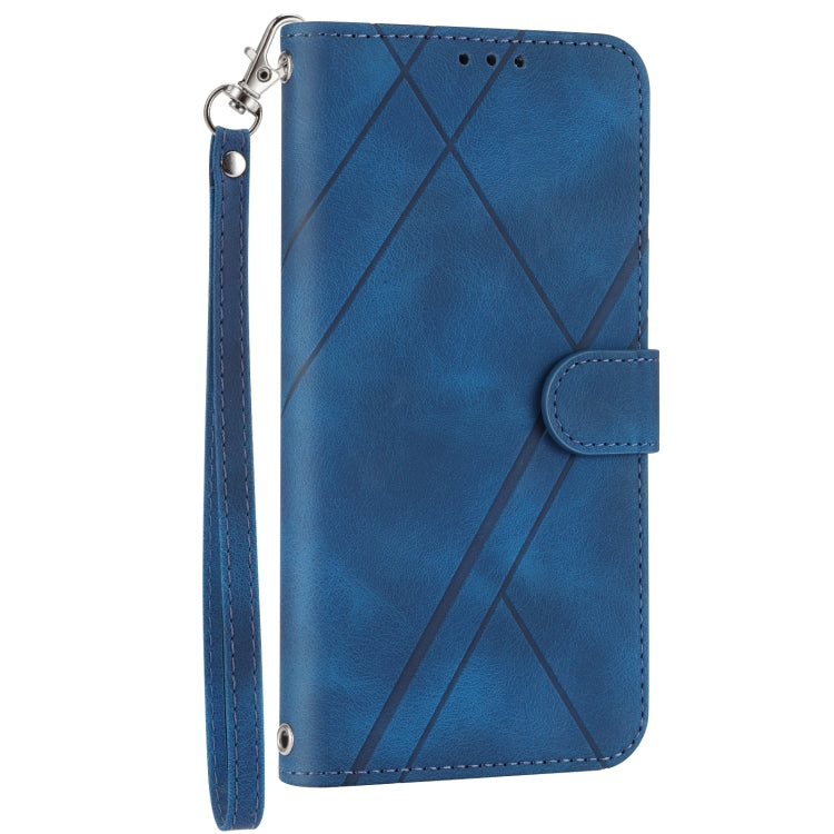 For iPhone 15 Pro Max Embossed Line Leather Phone Case with Lanyard(Blue) - HoMEdemic™ 