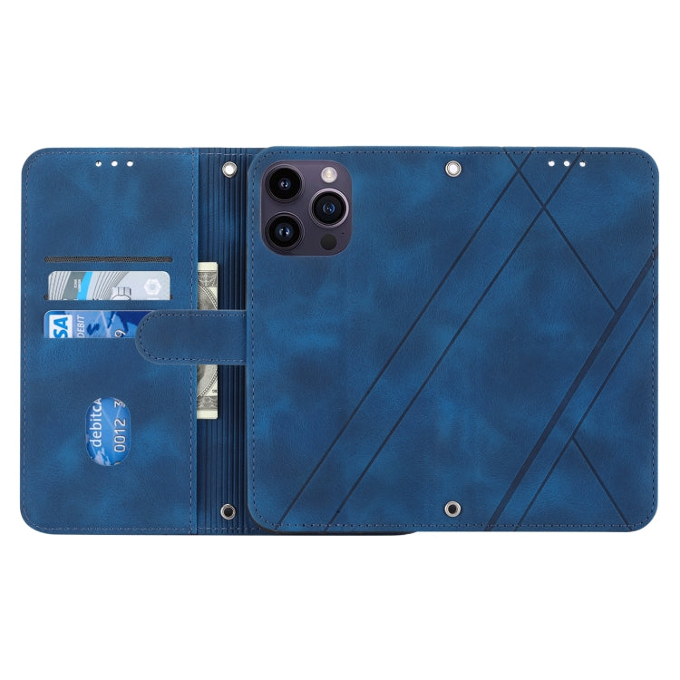 For iPhone 15 Pro Max Embossed Line Leather Phone Case with Lanyard(Blue) - HoMEdemic™ 