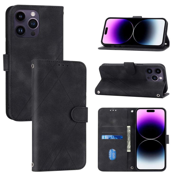 For iPhone 15 Pro Max Embossed Line Leather Phone Case with Lanyard(Black) - HoMEdemic™ 