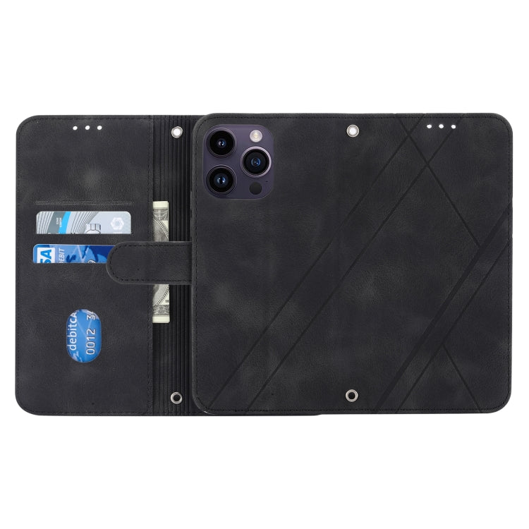 For iPhone 15 Pro Max Embossed Line Leather Phone Case with Lanyard(Black) - HoMEdemic™ 