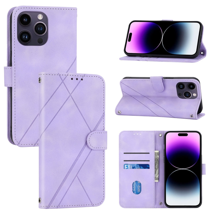 For iPhone 15 Pro Embossed Line Leather Phone Case with Lanyard(Purple) - HoMEdemic™ 