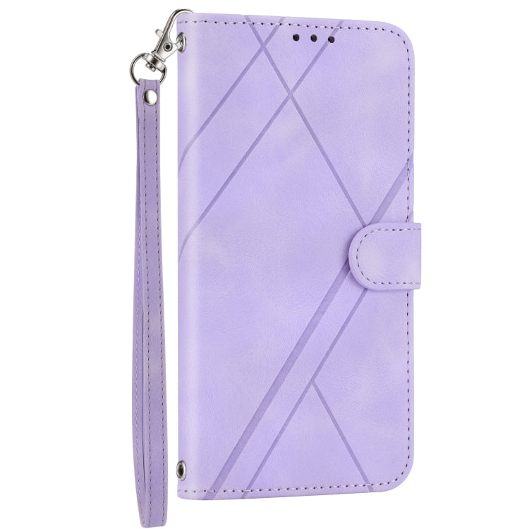 For iPhone 15 Pro Embossed Line Leather Phone Case with Lanyard(Purple) - HoMEdemic™ 