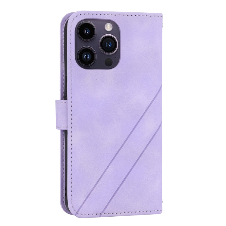 For iPhone 15 Pro Embossed Line Leather Phone Case with Lanyard(Purple) - HoMEdemic™ 