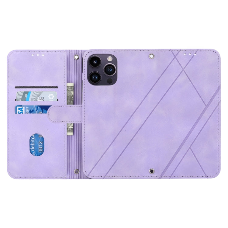 For iPhone 15 Pro Embossed Line Leather Phone Case with Lanyard(Purple) - HoMEdemic™ 