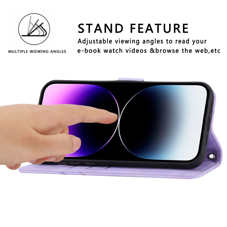 For iPhone 15 Pro Embossed Line Leather Phone Case with Lanyard(Purple) - HoMEdemic™ 