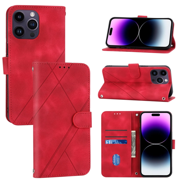 For iPhone 15 Pro Embossed Line Leather Phone Case with Lanyard(Red) - HoMEdemic™ 
