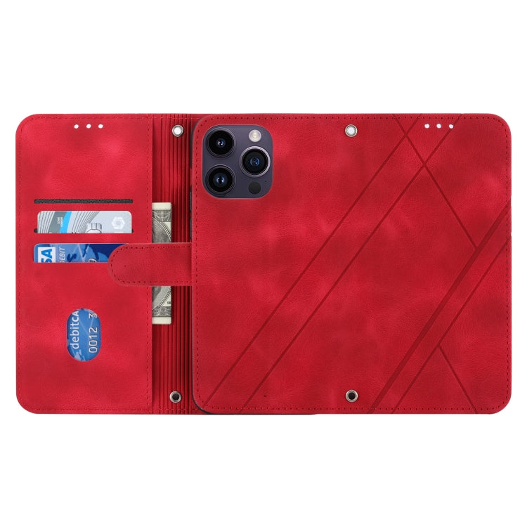 For iPhone 15 Pro Embossed Line Leather Phone Case with Lanyard(Red) - HoMEdemic™ 