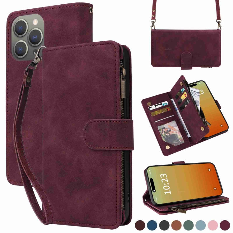 For iPhone 15 Pro Max Crossbody Multi-card Slot Wallet Zipper Leather Phone Case(Wine Red) - HoMEdemic™ 