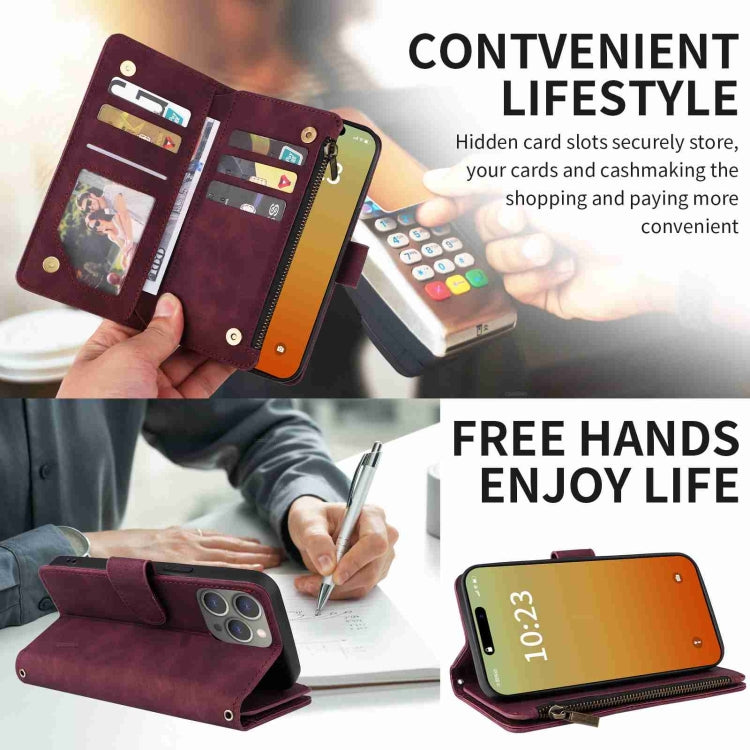 For iPhone 15 Pro Max Crossbody Multi-card Slot Wallet Zipper Leather Phone Case(Wine Red) - HoMEdemic™ 