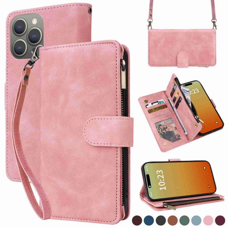 For iPhone 15 Pro Max Crossbody Multi-card Slot Wallet Zipper Leather Phone Case(Pink) - HoMEdemic™ 