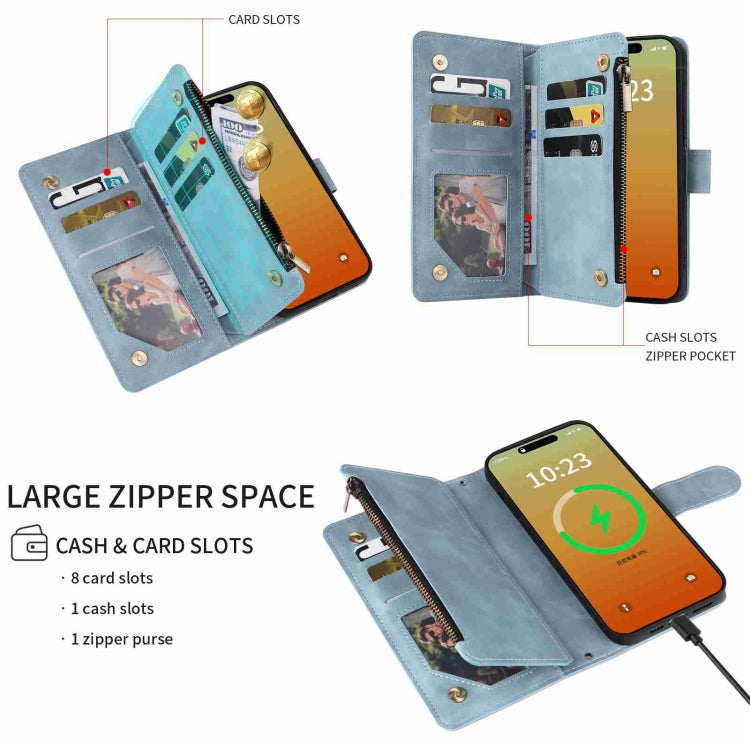 For iPhone 15 Pro Crossbody Multi-card Slot Wallet Zipper Leather Phone Case(Light Blue) - HoMEdemic™ 