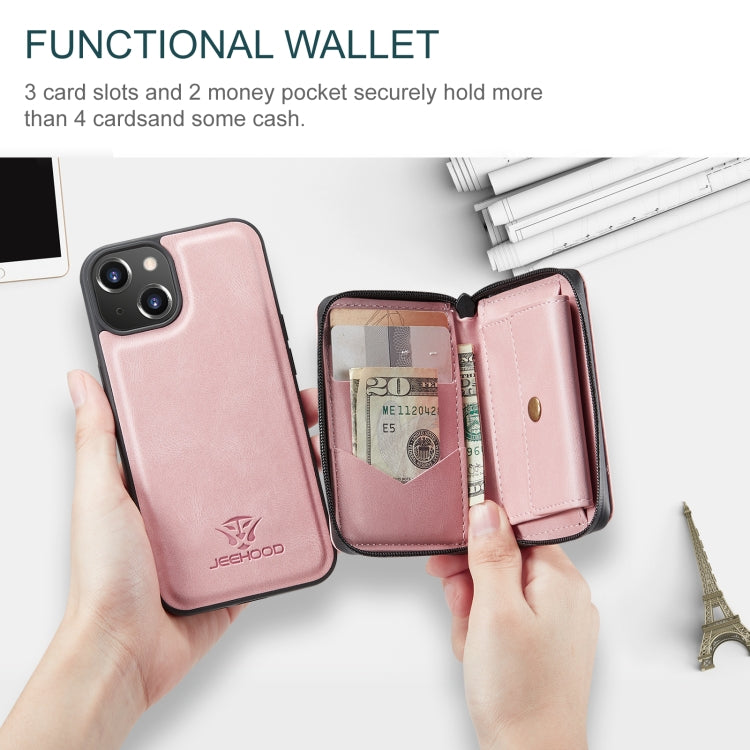 For iPhone 15 Plus JEEHOOD Magnetic Zipper Wallet Leather Phone Case(Pink) - HoMEdemic™ 
