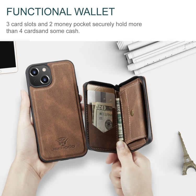 For iPhone 15 JEEHOOD Magnetic Zipper Wallet Leather Phone Case(Brown) - HoMEdemic™ 