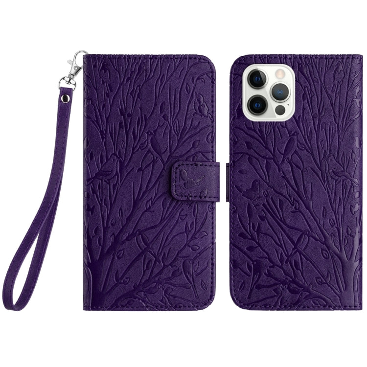For iPhone 15 Pro Tree Birds Embossed Pattern Leather Phone Case(Purple) - HoMEdemic™ 