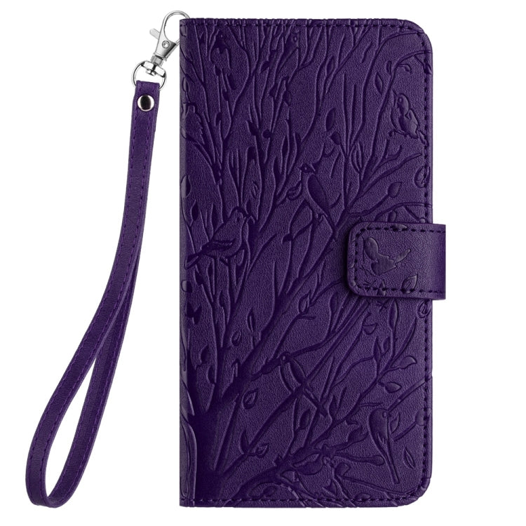 For iPhone 15 Pro Tree Birds Embossed Pattern Leather Phone Case(Purple) - HoMEdemic™ 