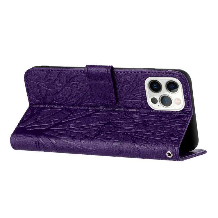For iPhone 15 Pro Tree Birds Embossed Pattern Leather Phone Case(Purple) - HoMEdemic™ 
