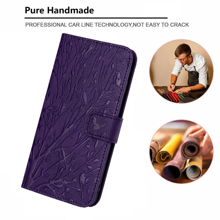 For iPhone 15 Pro Tree Birds Embossed Pattern Leather Phone Case(Purple) - HoMEdemic™ 