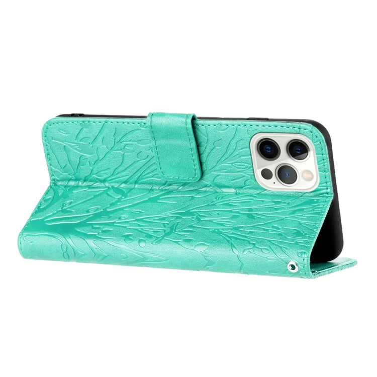 For iPhone 15 Pro Tree Birds Embossed Pattern Leather Phone Case(Green) - HoMEdemic™ 