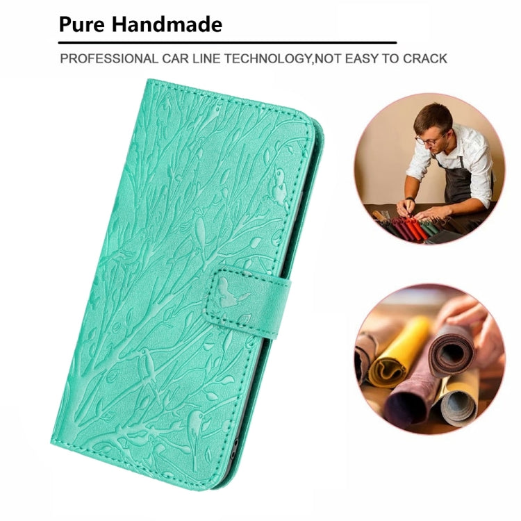For iPhone 15 Pro Tree Birds Embossed Pattern Leather Phone Case(Green) - HoMEdemic™ 
