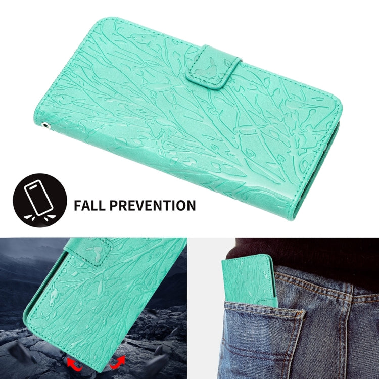 For iPhone 15 Pro Tree Birds Embossed Pattern Leather Phone Case(Green) - HoMEdemic™ 