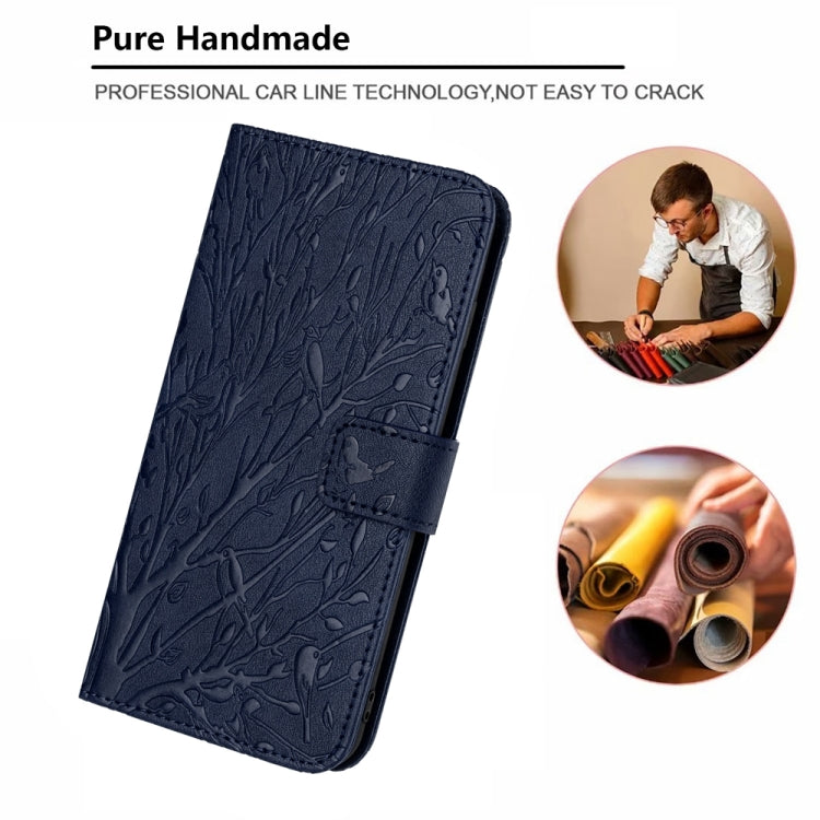 For iPhone 15 Pro Tree Birds Embossed Pattern Leather Phone Case(Blue) - HoMEdemic™ 