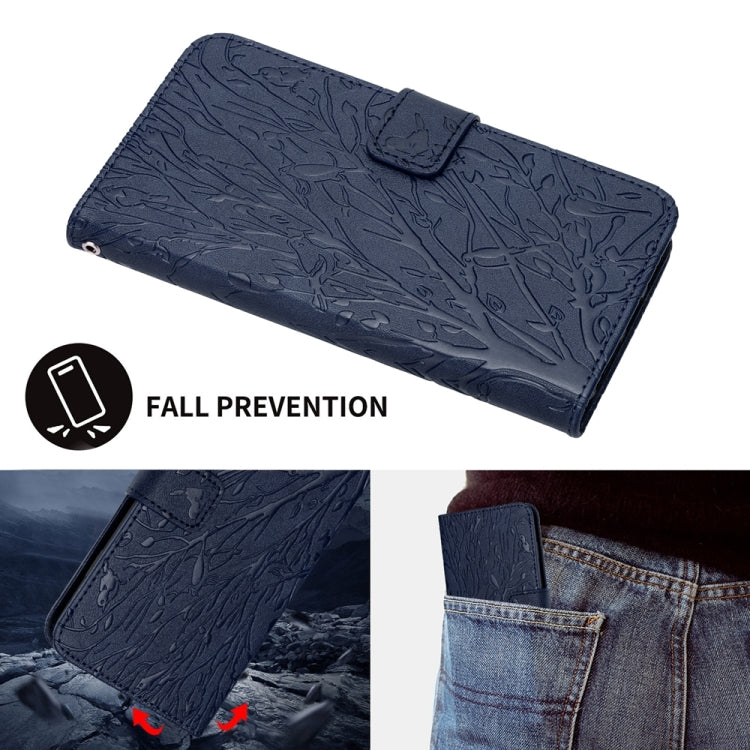 For iPhone 15 Pro Tree Birds Embossed Pattern Leather Phone Case(Blue) - HoMEdemic™ 