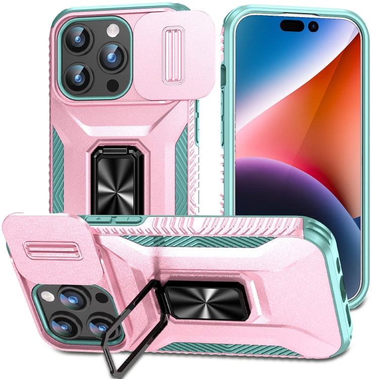 For iPhone 15 Pro Sliding Camshield Holder Phone Case(Pink + Grey Green) - HoMEdemic™ 