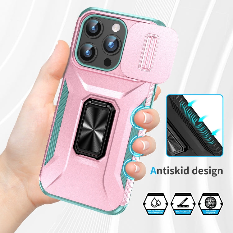 For iPhone 15 Pro Sliding Camshield Holder Phone Case(Pink + Grey Green) - HoMEdemic™ 