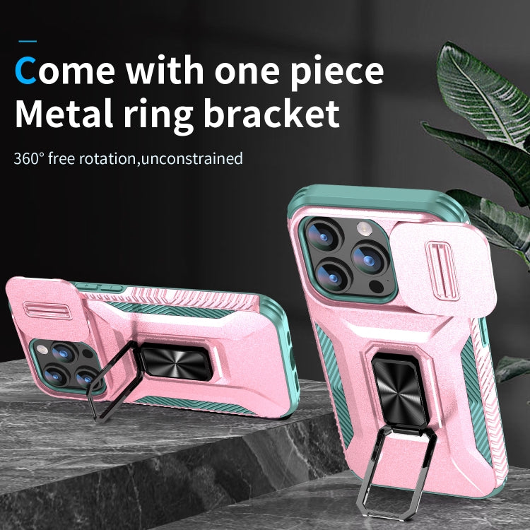 For iPhone 15 Pro Sliding Camshield Holder Phone Case(Pink + Grey Green) - HoMEdemic™ 