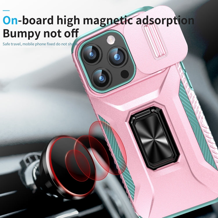 For iPhone 15 Pro Sliding Camshield Holder Phone Case(Pink + Grey Green) - HoMEdemic™ 