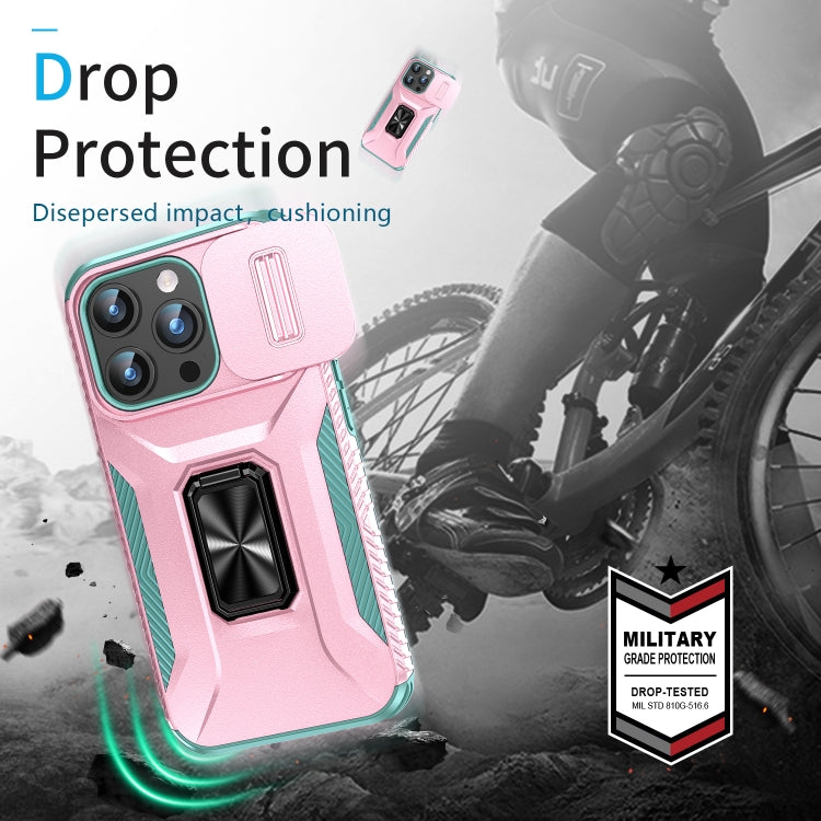 For iPhone 15 Pro Sliding Camshield Holder Phone Case(Pink + Grey Green) - HoMEdemic™ 