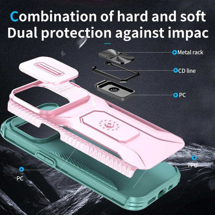 For iPhone 15 Pro Sliding Camshield Holder Phone Case(Pink + Grey Green) - HoMEdemic™ 