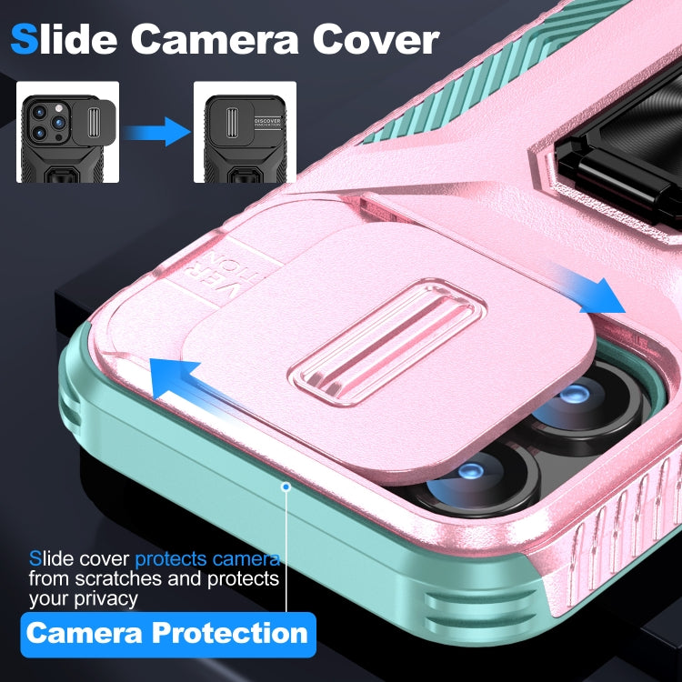 For iPhone 15 Pro Sliding Camshield Holder Phone Case(Pink + Grey Green) - HoMEdemic™ 