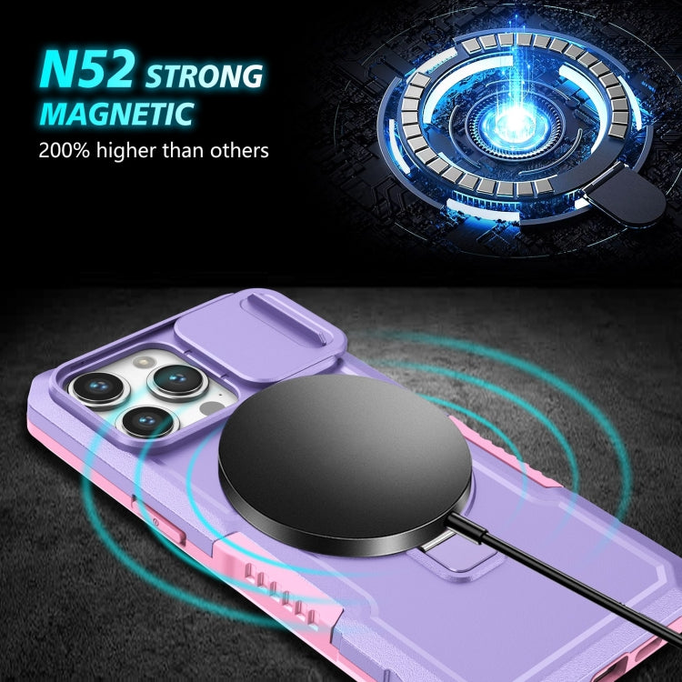 For iPhone 15 Pro Max Sliding Camshield MagSafe Holder TPU Hybrid PC Phone Case(Pink Purple) - HoMEdemic™ 