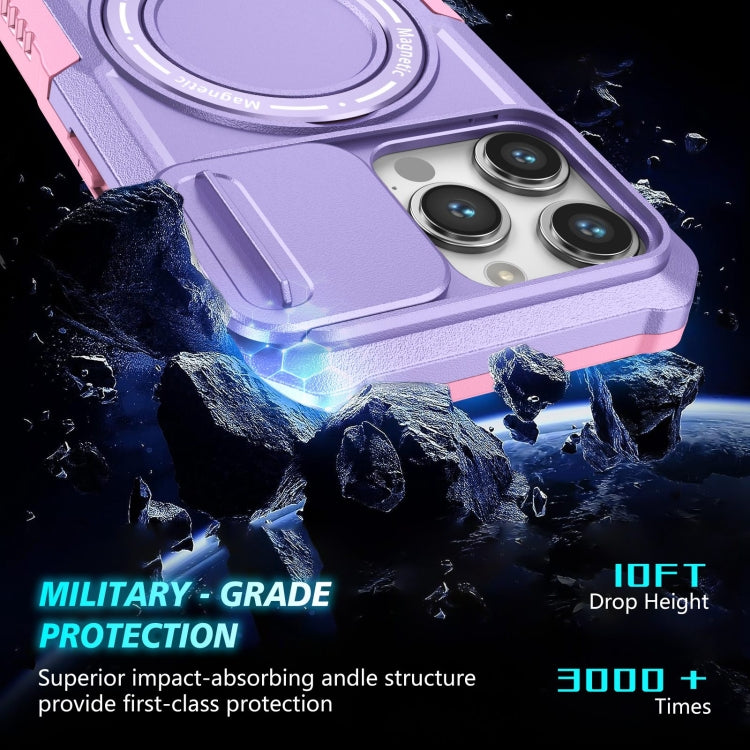 For iPhone 15 Pro Max Sliding Camshield MagSafe Holder TPU Hybrid PC Phone Case(Pink Purple) - HoMEdemic™ 