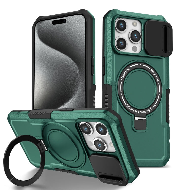For iPhone 15 Pro Max Sliding Camshield MagSafe Holder TPU Hybrid PC Phone Case(Deep Green) - HoMEdemic™ 