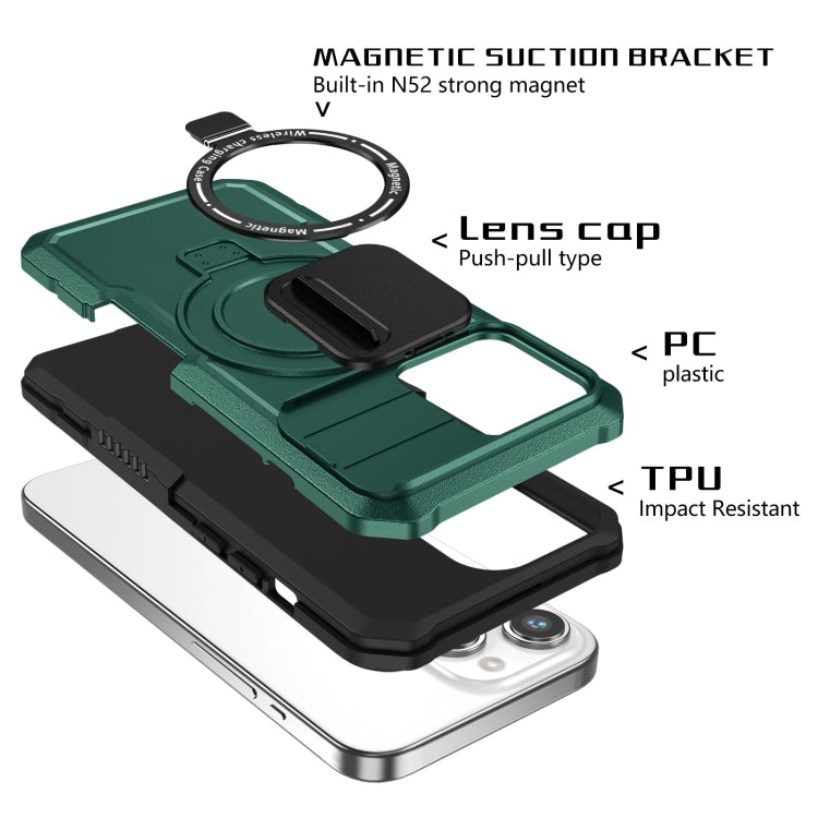 For iPhone 15 Pro Max Sliding Camshield MagSafe Holder TPU Hybrid PC Phone Case(Deep Green) - HoMEdemic™ 